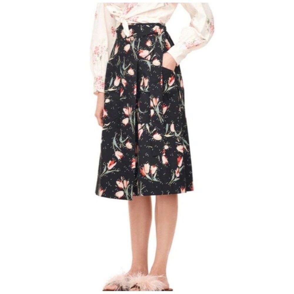 REBECCA TAYLOR Black 100% Cotton Floral Tulip Ikat True Wrap Midi Skirt 4 Pocket